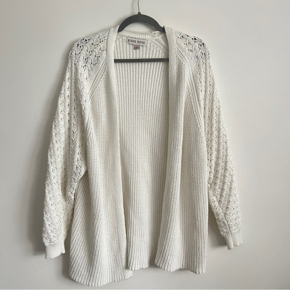 Knox Rose Open Front Knit Cardigan White Textured Design Size L Cottagecore